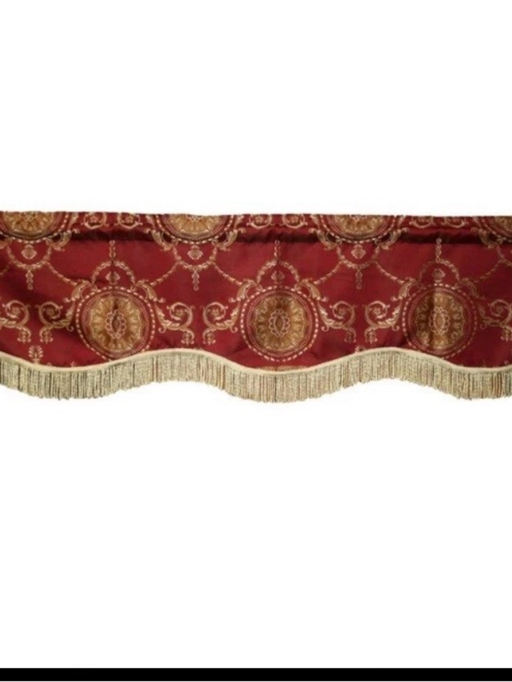Nwot Prestige Damask 60" X 15 Scalloped Window Valance Red Gold Geometric Fringe